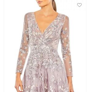 Women Mac Duggal Embellished Wrap Over Illusion Long Sleeve A-line Lilac
